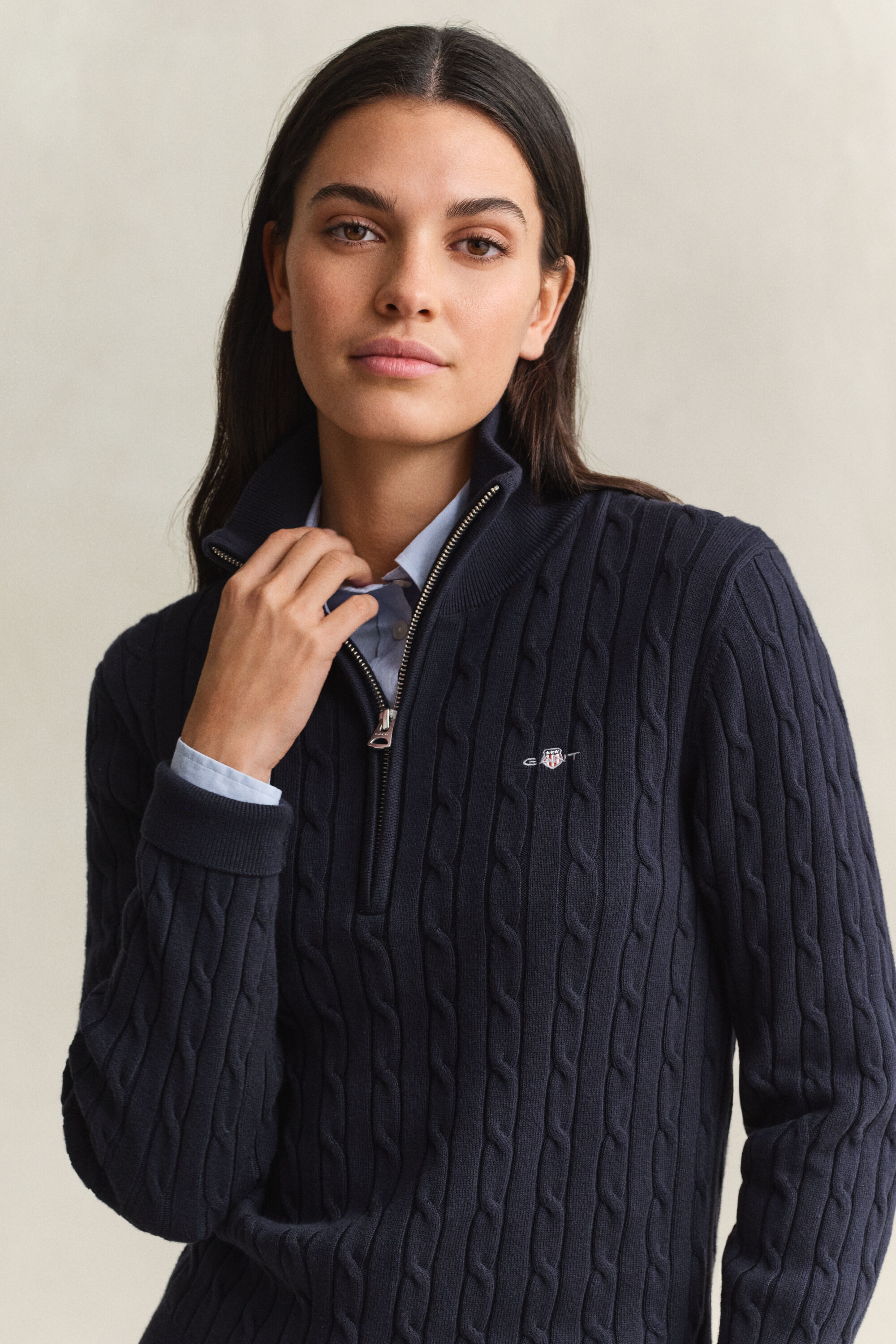 Pull à demi-zip en maille torsadée extensible