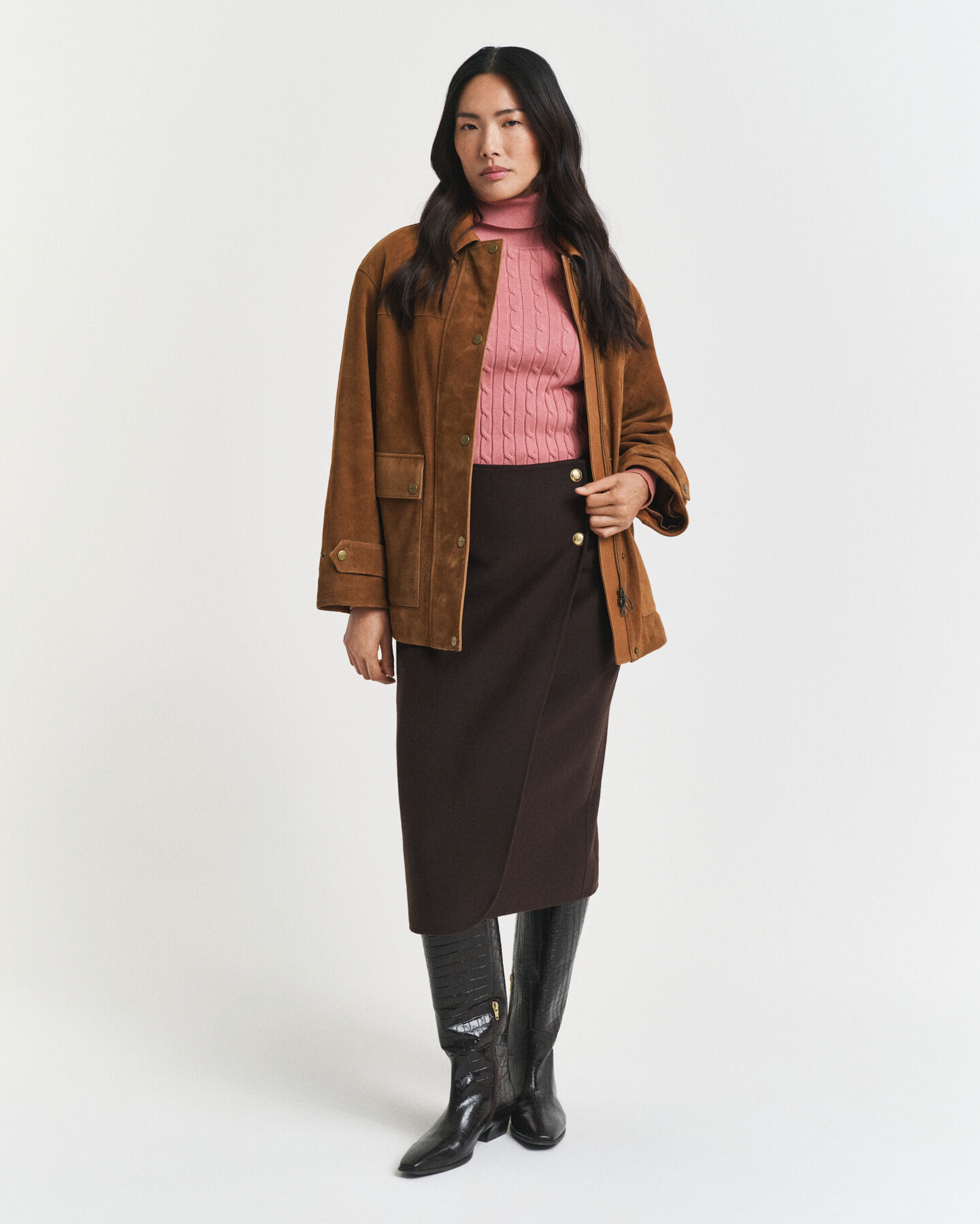 Pull col roulé en maille de coton stretch à torsades