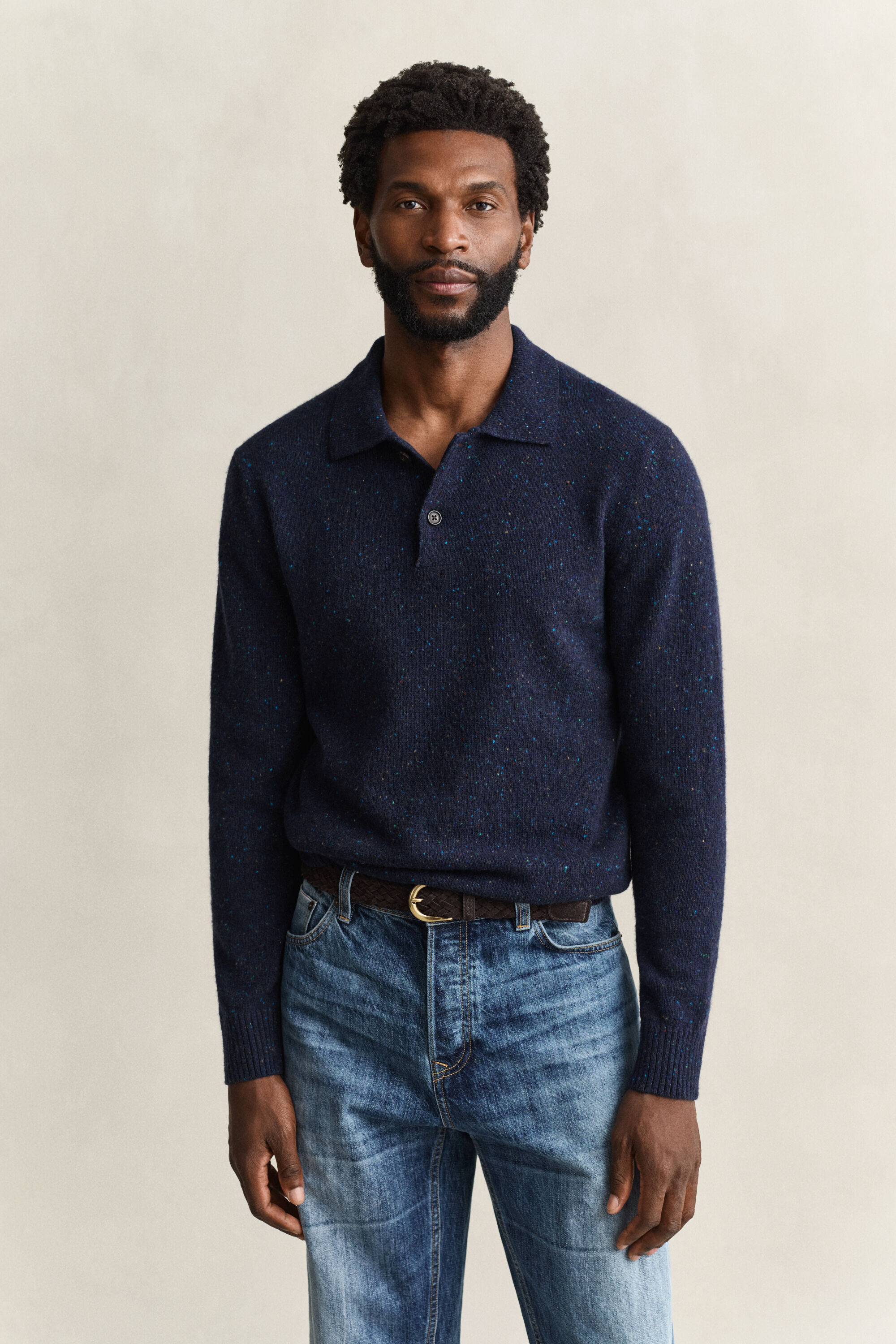 Pull façon polo en laine mouchetée mélangée