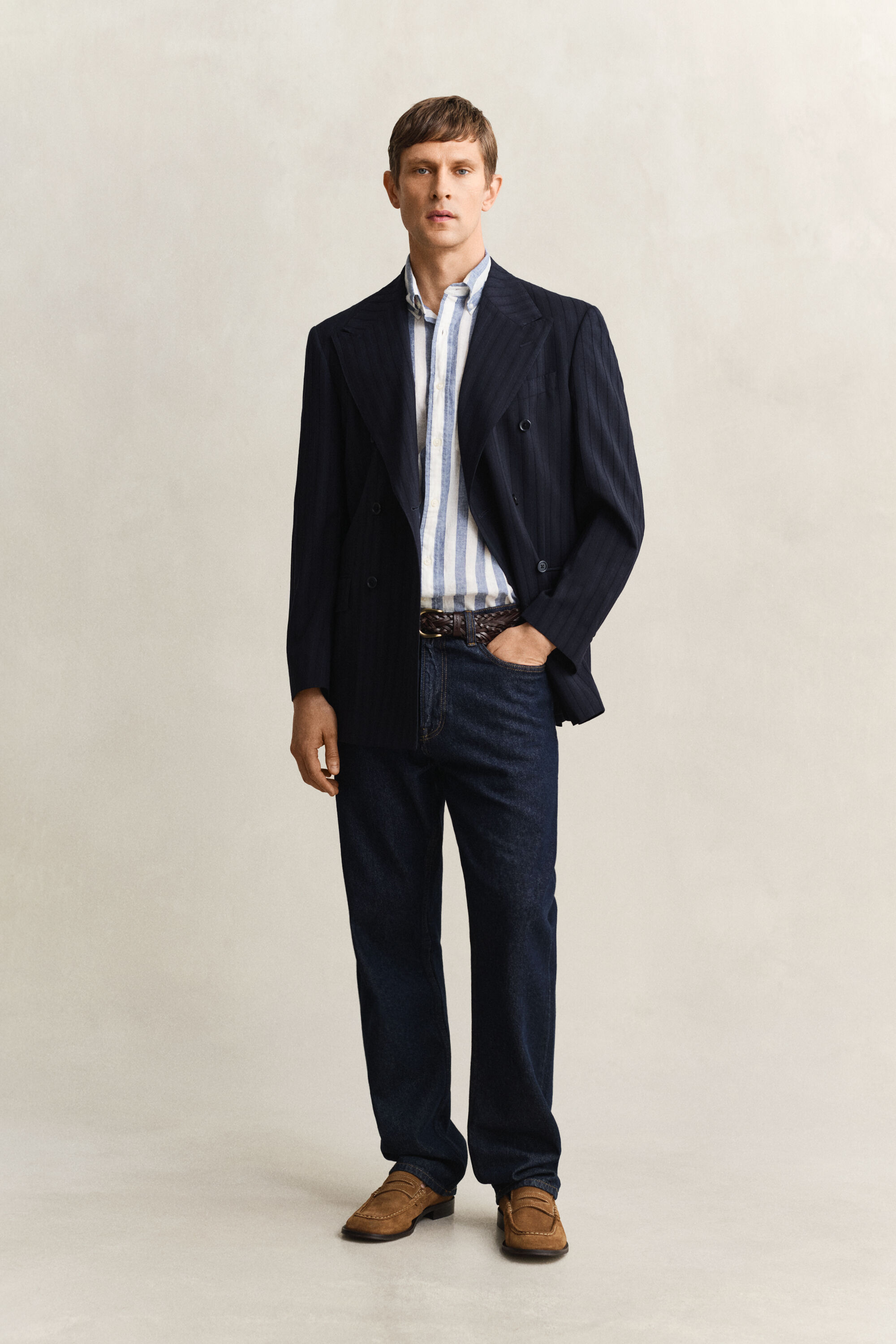 Chemise à manches courtes en lin mélangé à rayures