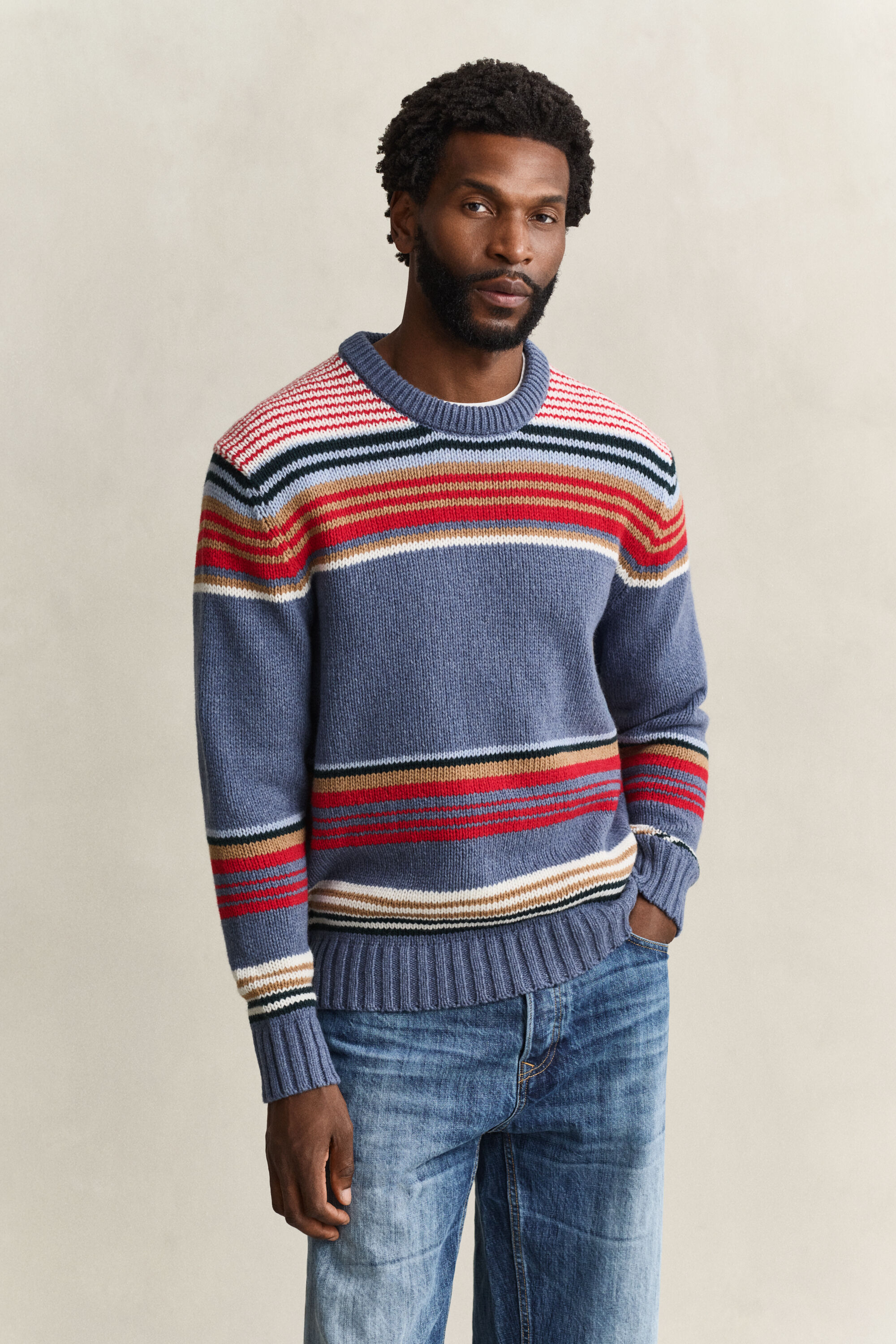 Pull col rond à rayures multicolores