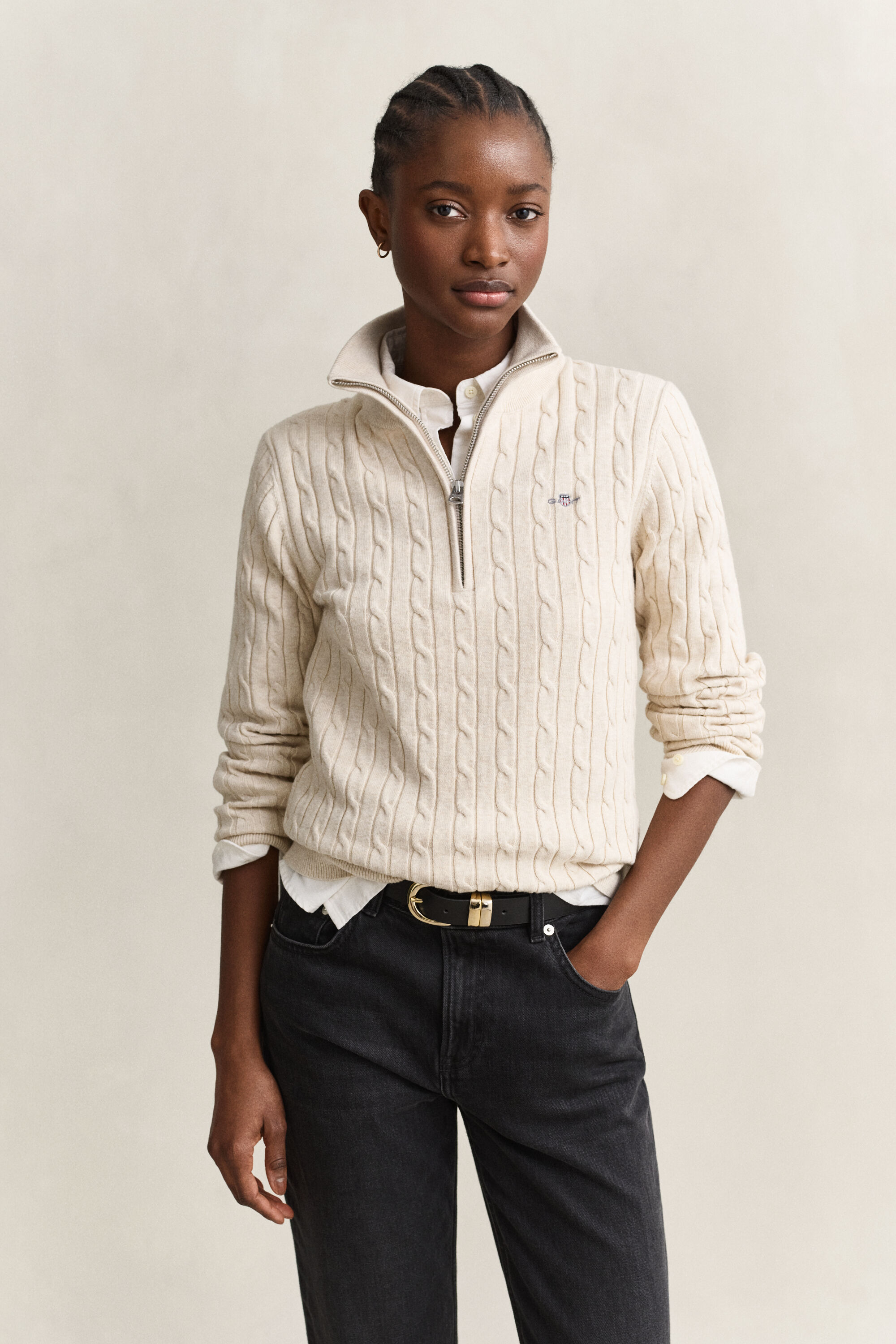 Pull à demi-zip en maille de coton torsadée stretch