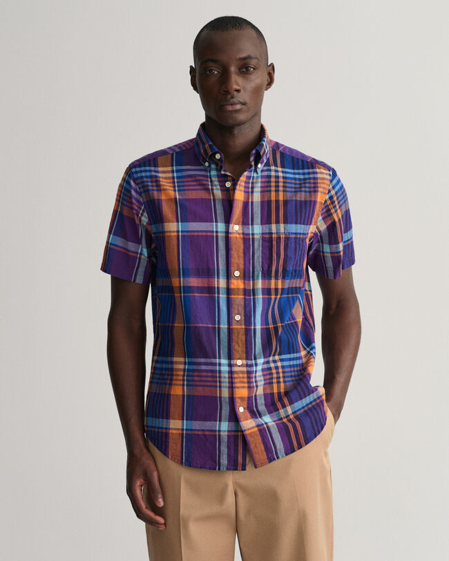 Chemise regular fit &agrave; carreaux madras color&eacute;s et manches courtes