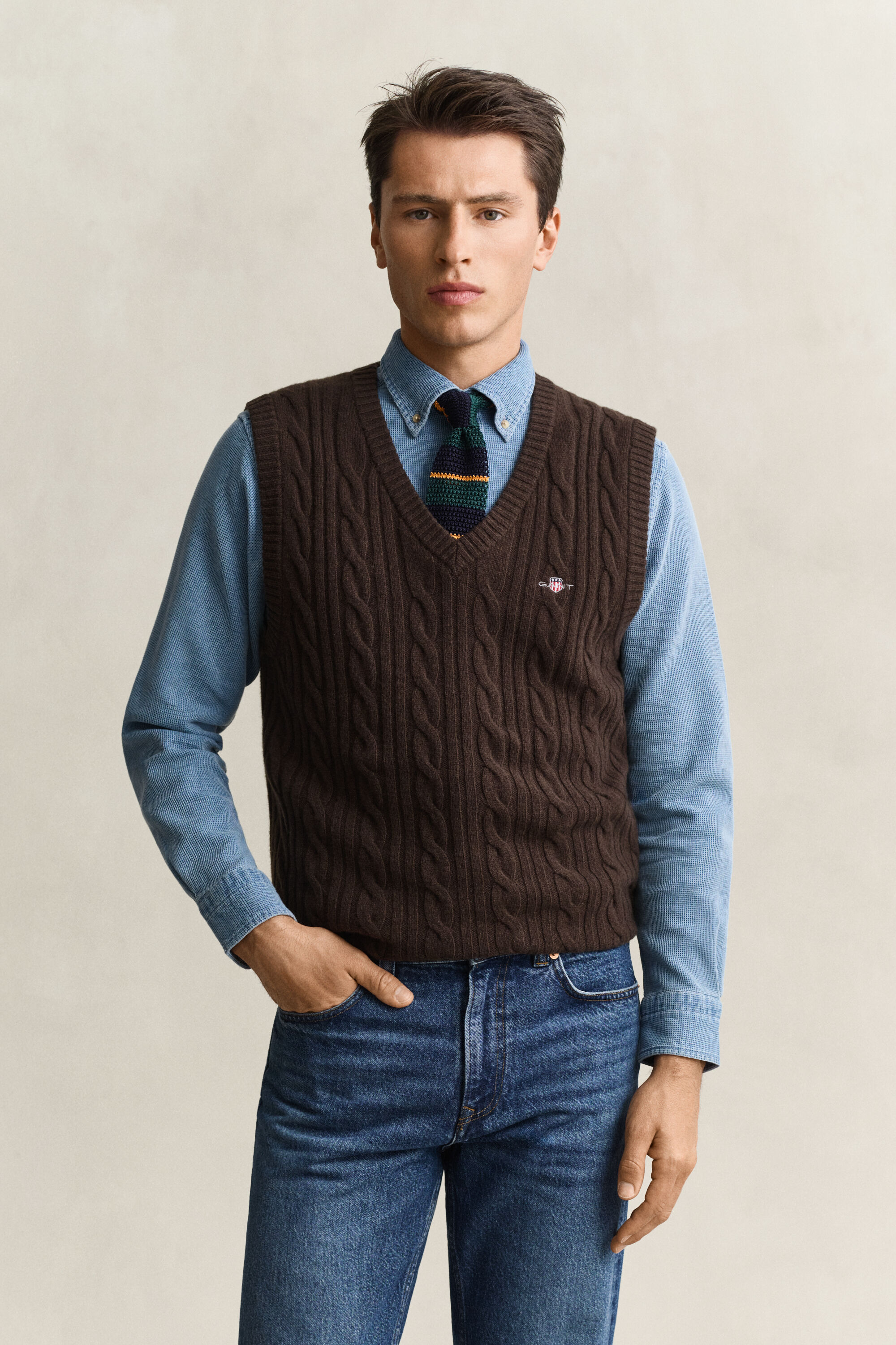 Pull sans manches en maille de laine d'agneau à torsades