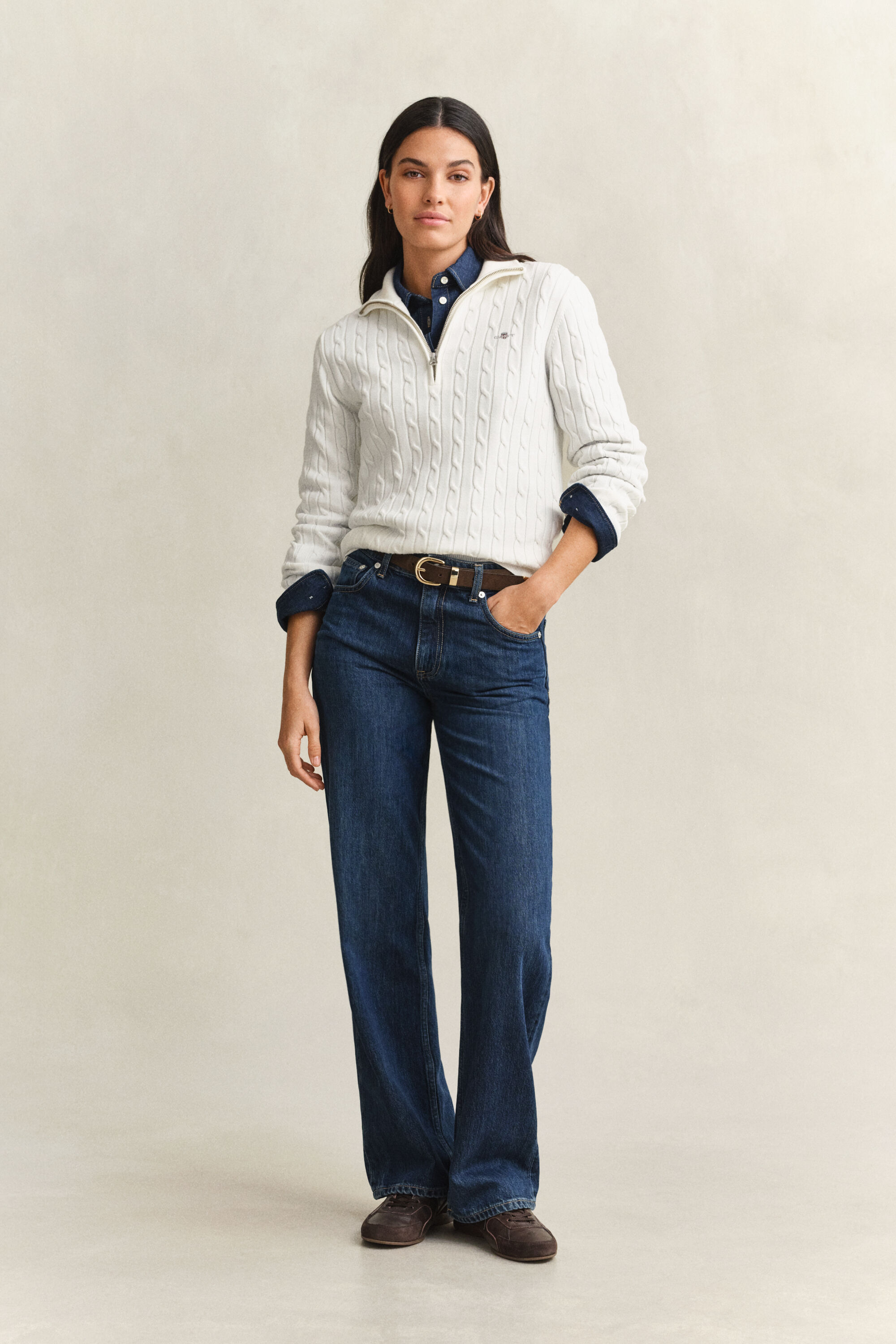 Pull à demi-zip en maille de coton torsadée stretch