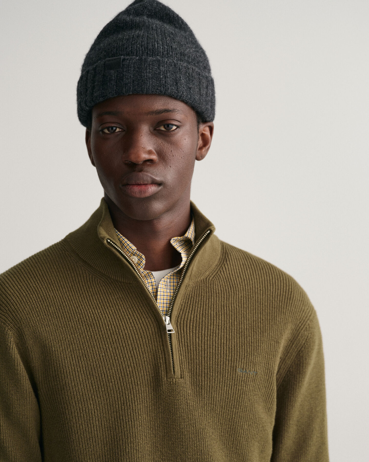 Pull à demi-zip en laine et coton côtelés