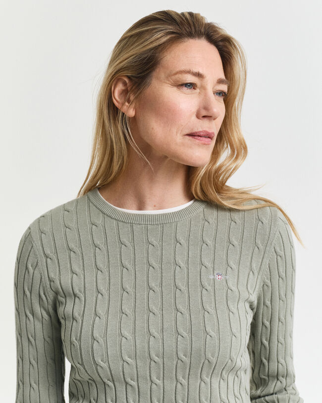 Pull col rond en maille de coton stretch à torsades