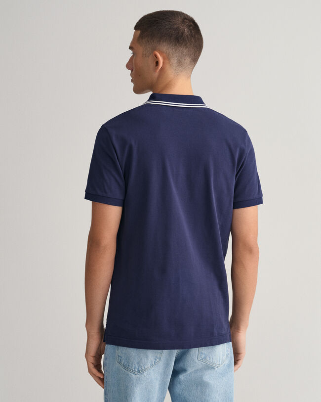 Polo en coton piqu&eacute; avec col &agrave; rayures et liser&eacute; contrast&eacute;