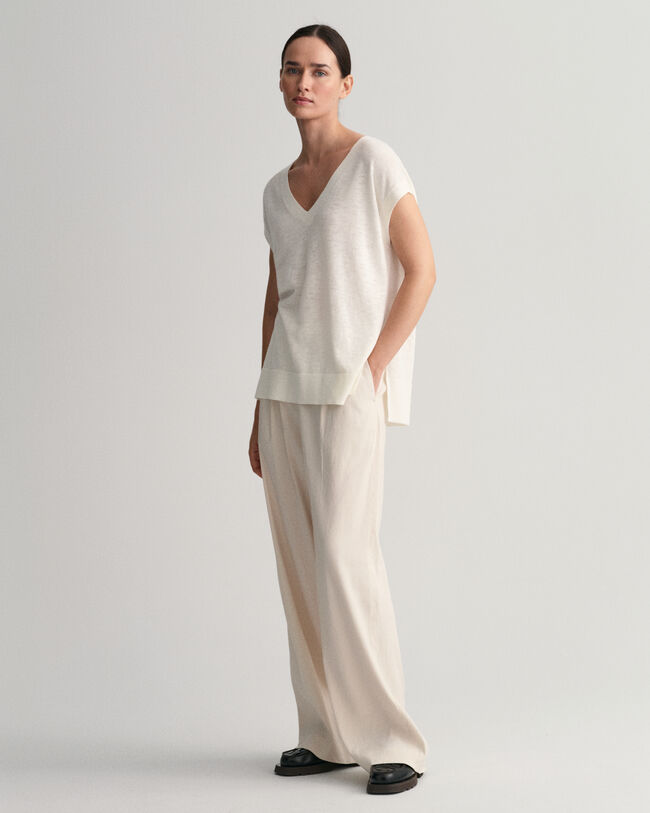 Pull sans manches col V en lin m&eacute;lang&eacute;