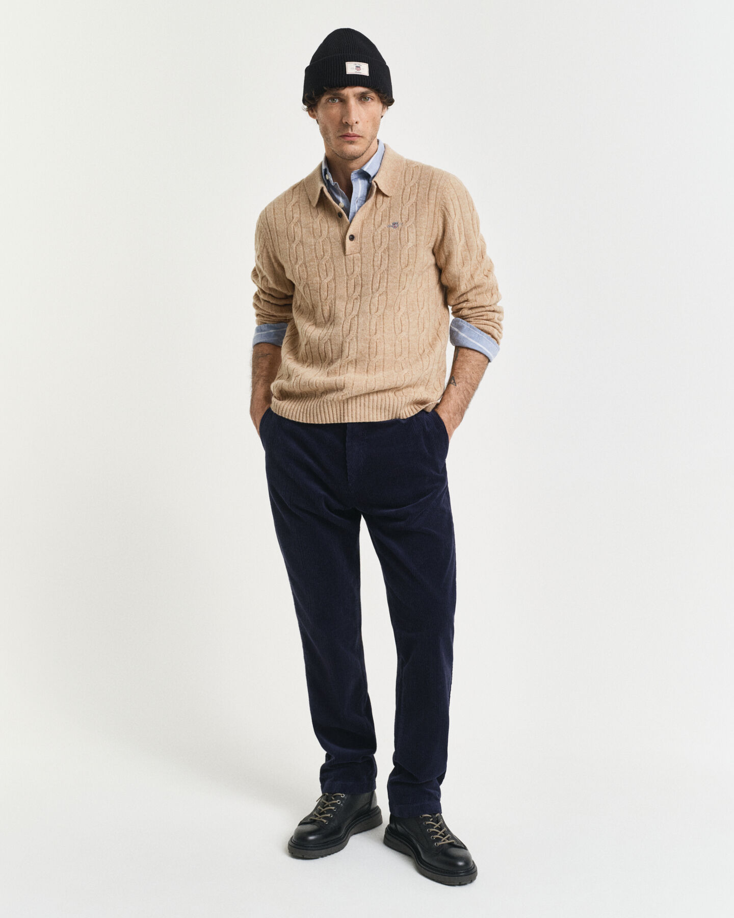 Pull polo en maille de laine d'agneau à torsades