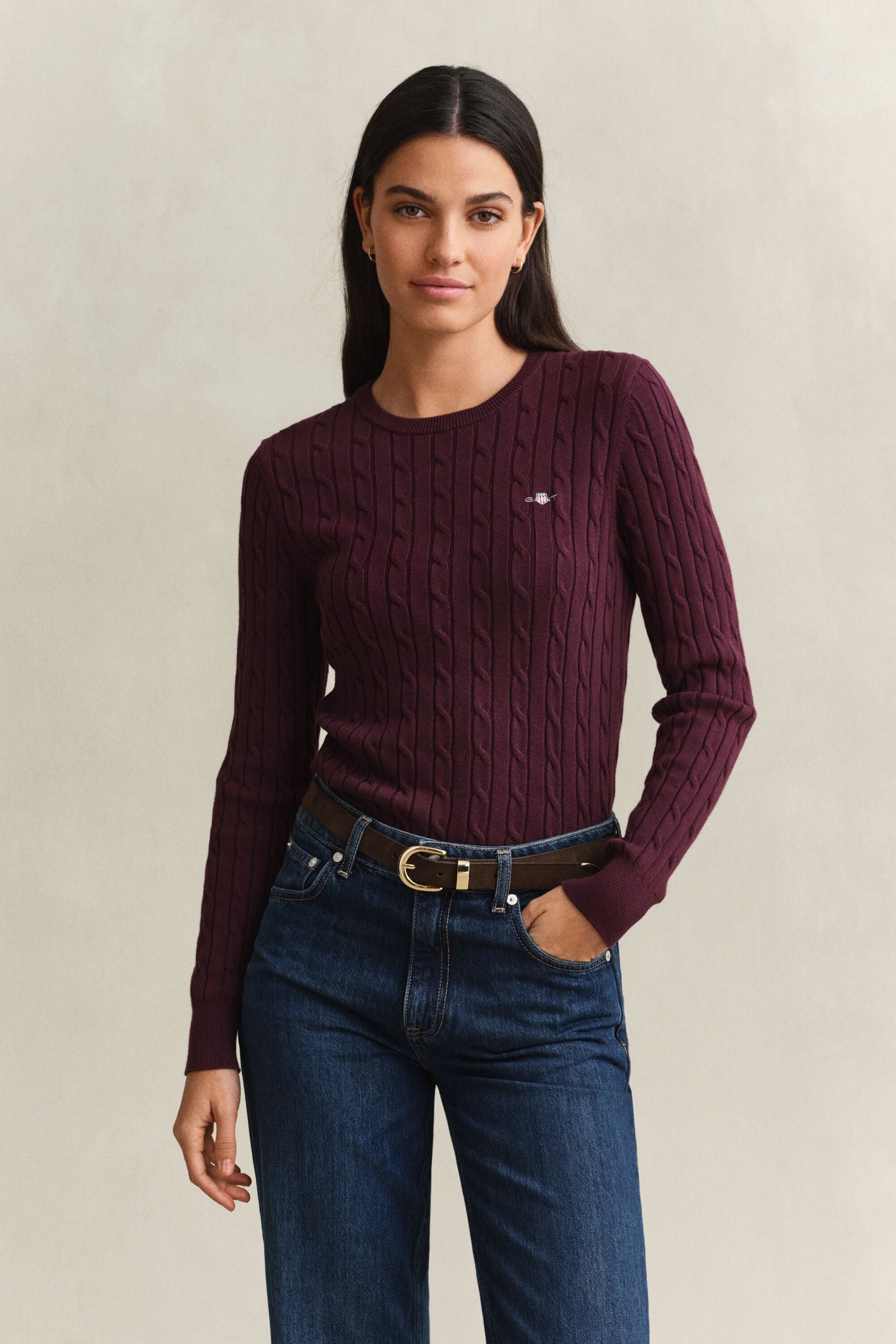Pull col rond en maille de coton stretch à torsades