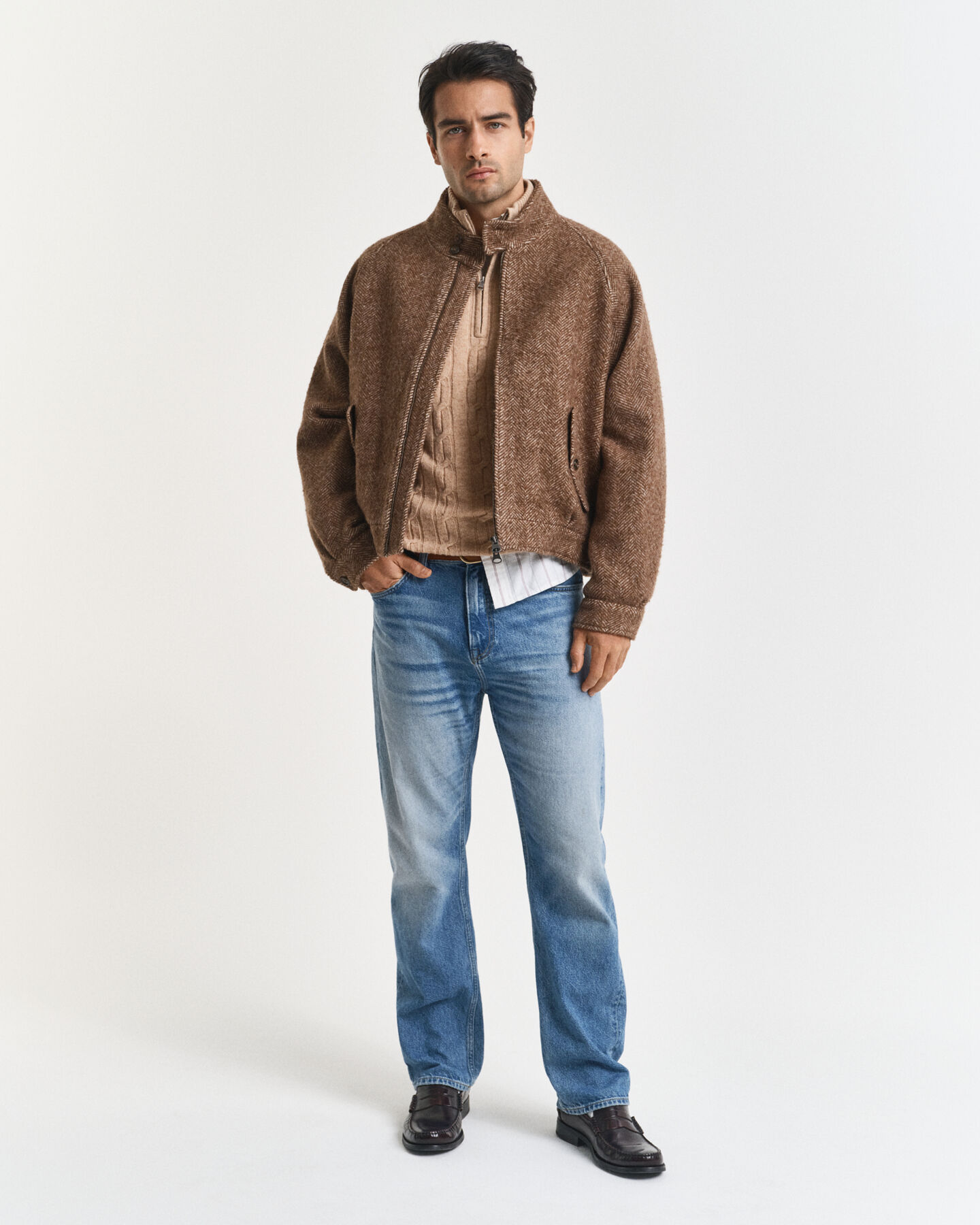 Pull à demi-zip en maille de laine d'agneau à torsades