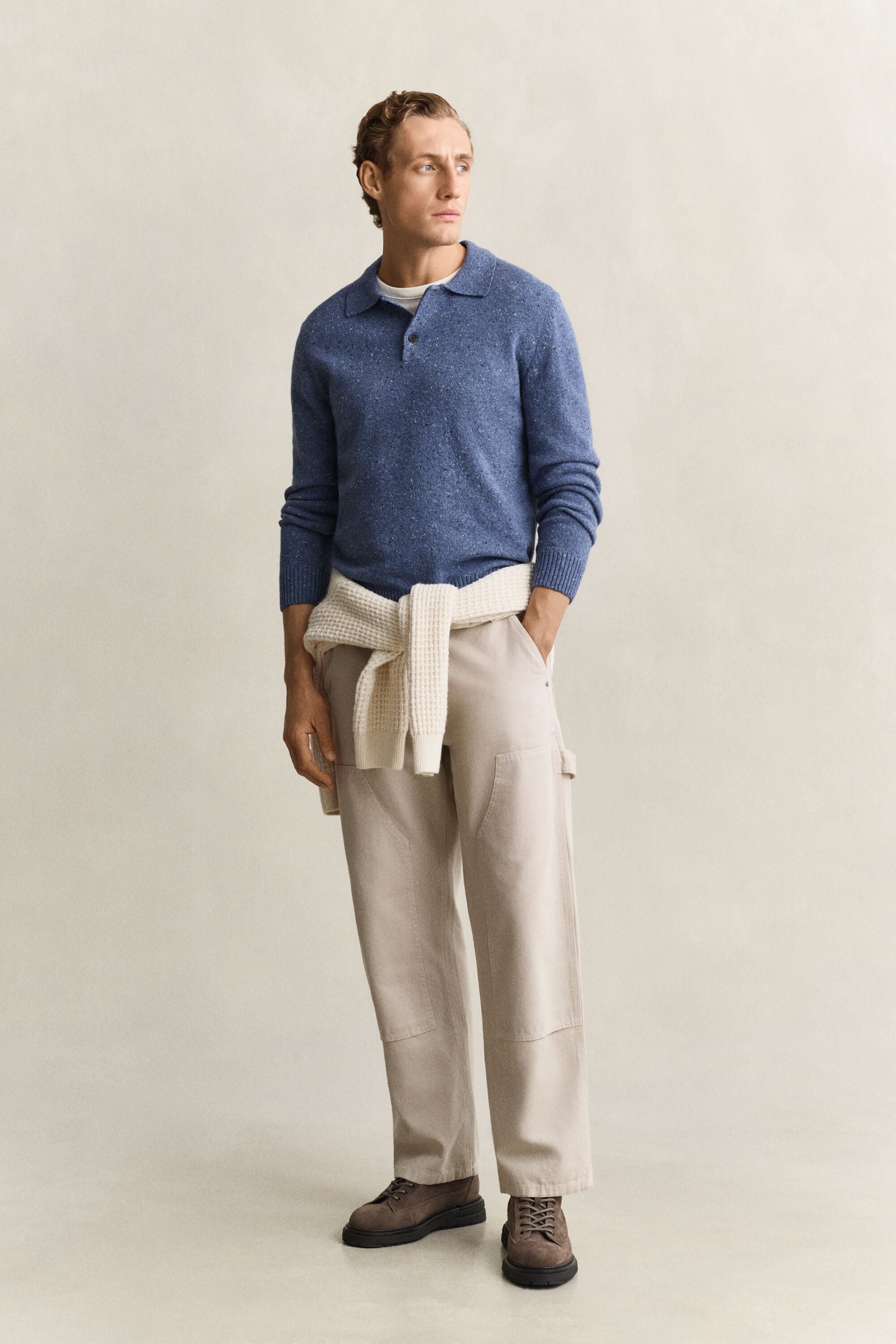 Pull façon polo en laine mouchetée mélangée