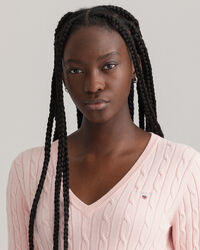 Pull col V en coton stretch &agrave; torsades