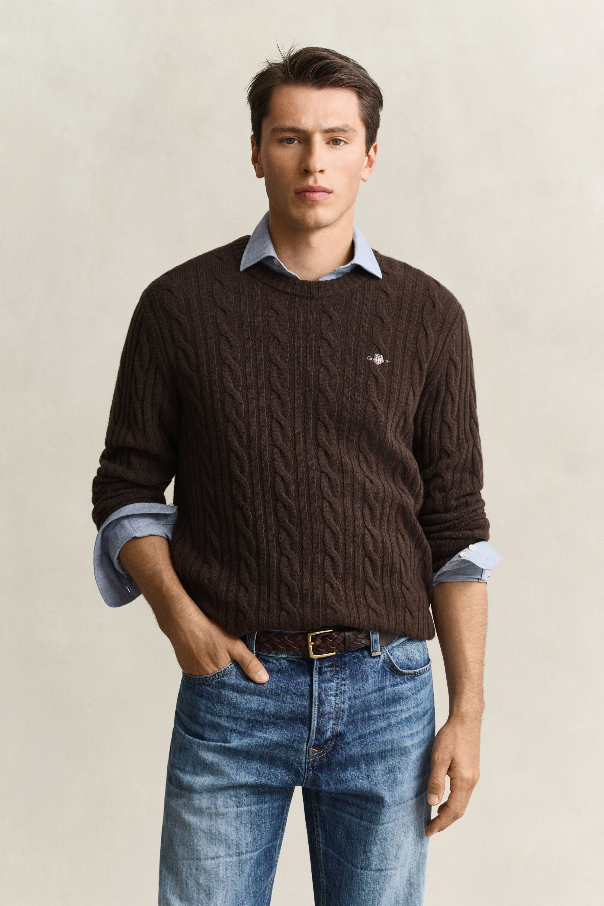 Pull col rond en maille torsadée en laine d'agneau