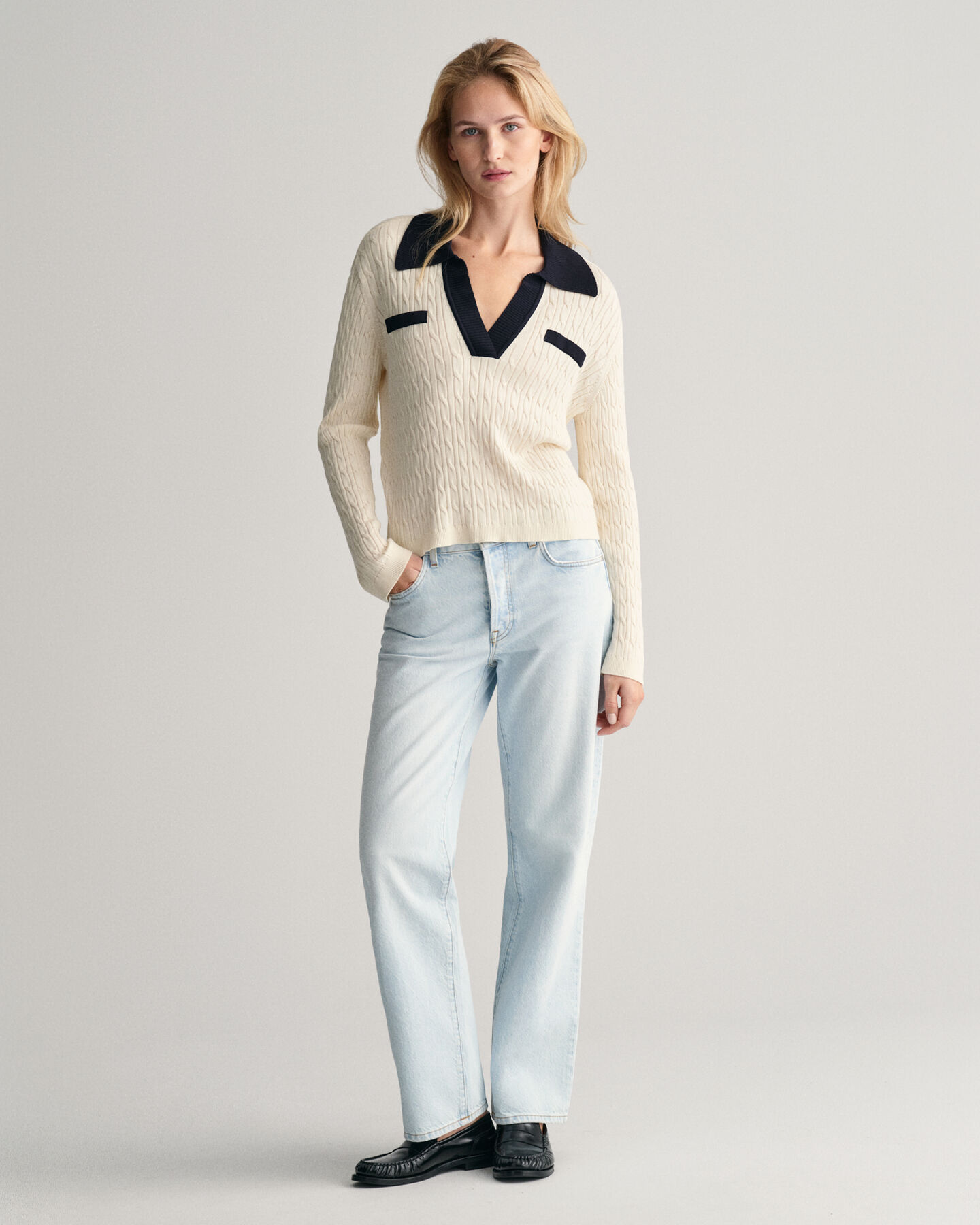 Pull façon polo en maille torsadée