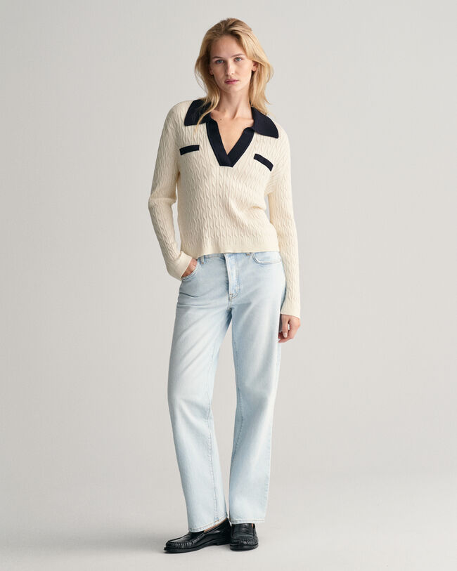 Pull façon polo en maille torsadée