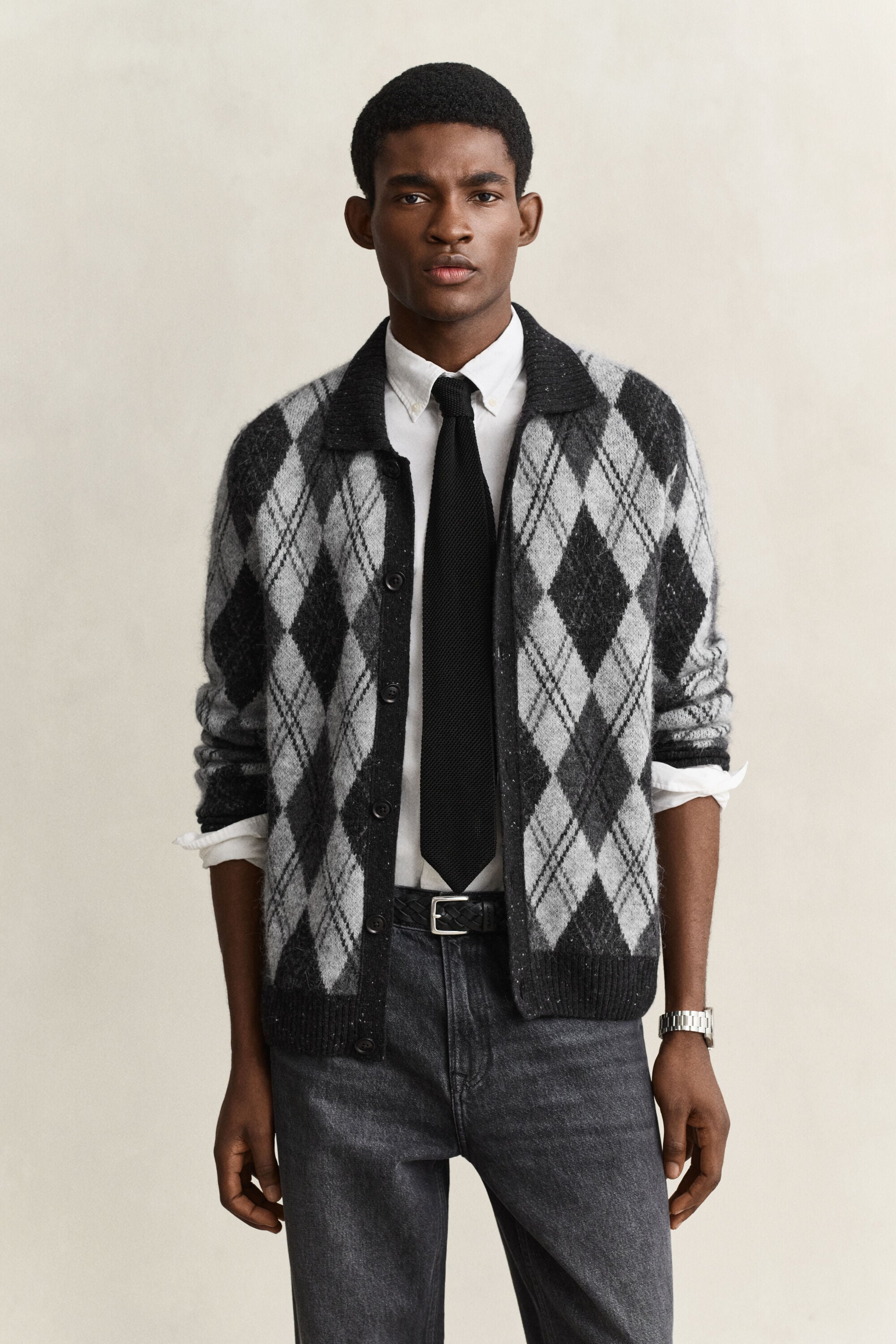 Cardigan façon polo en laine d’alpaga mélangée à motif argyle