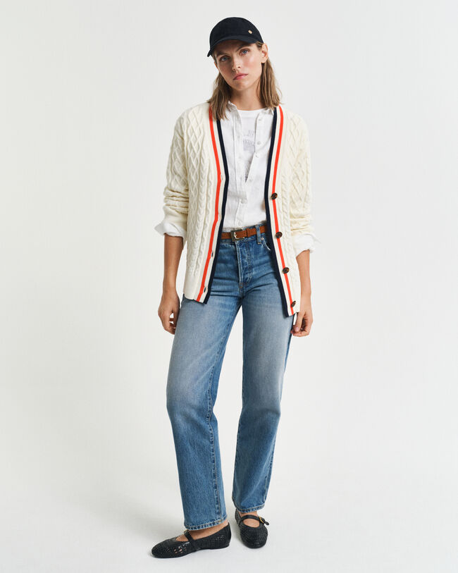 Cardigan &agrave; torsades de couleur contrastante