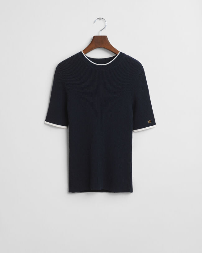 Pull col rond côtelé contrastant à manches courtes