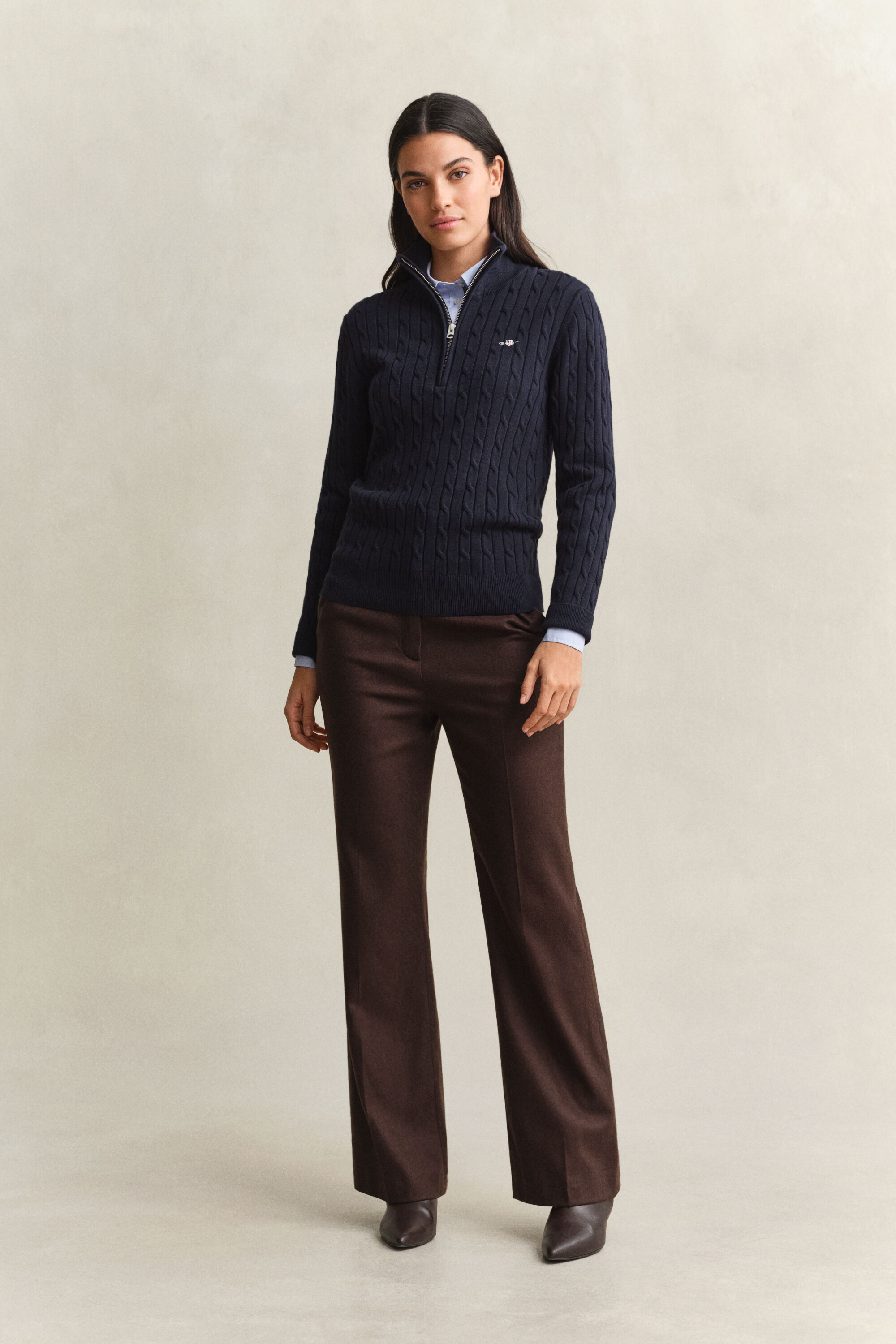 Pull à demi-zip en maille torsadée extensible