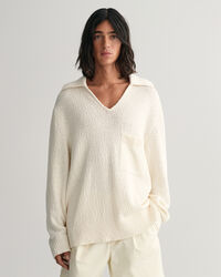 Pull fa&ccedil;on polo en coton et lin effet flamm&eacute;