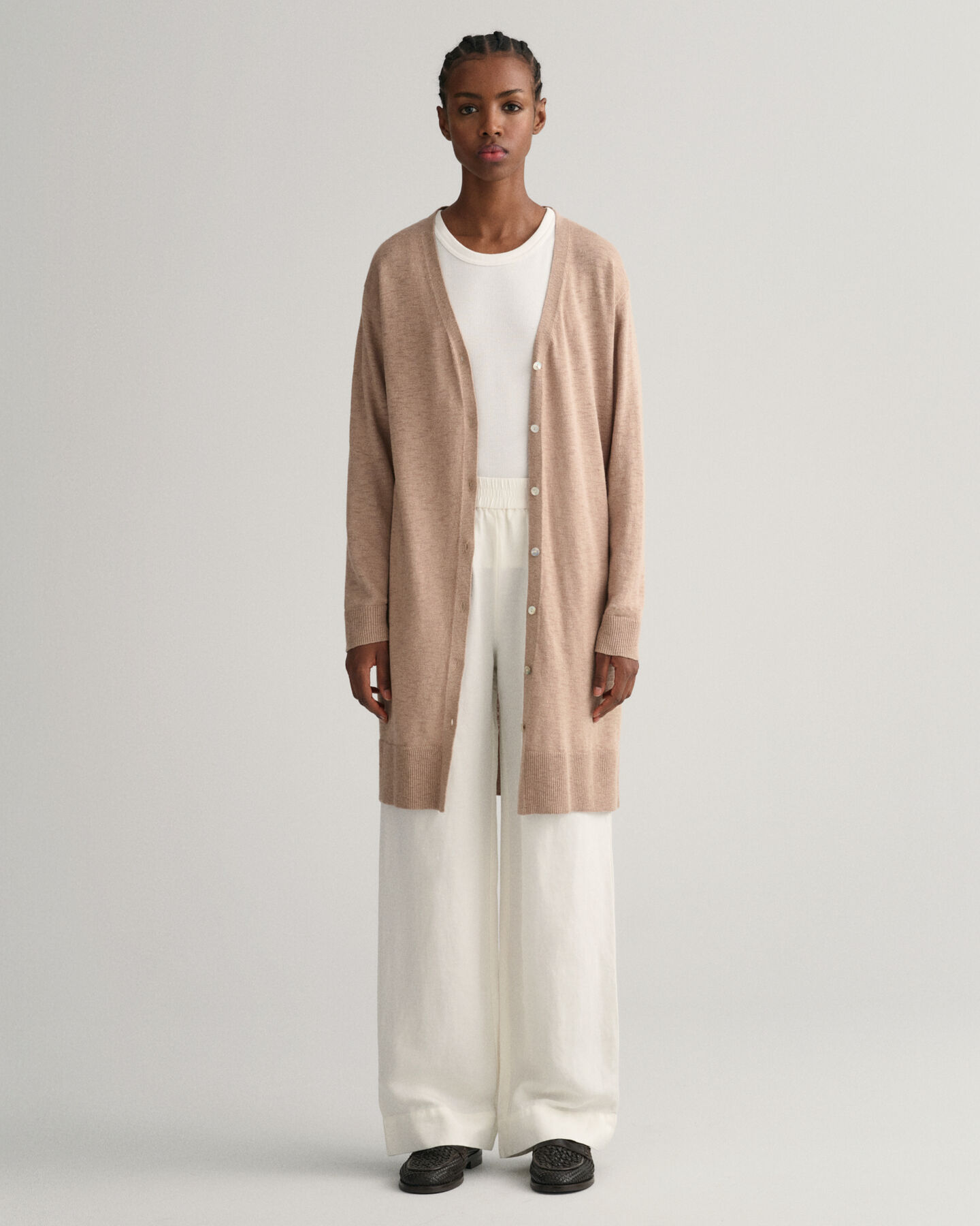 Cardigan long col V en lin mélangé