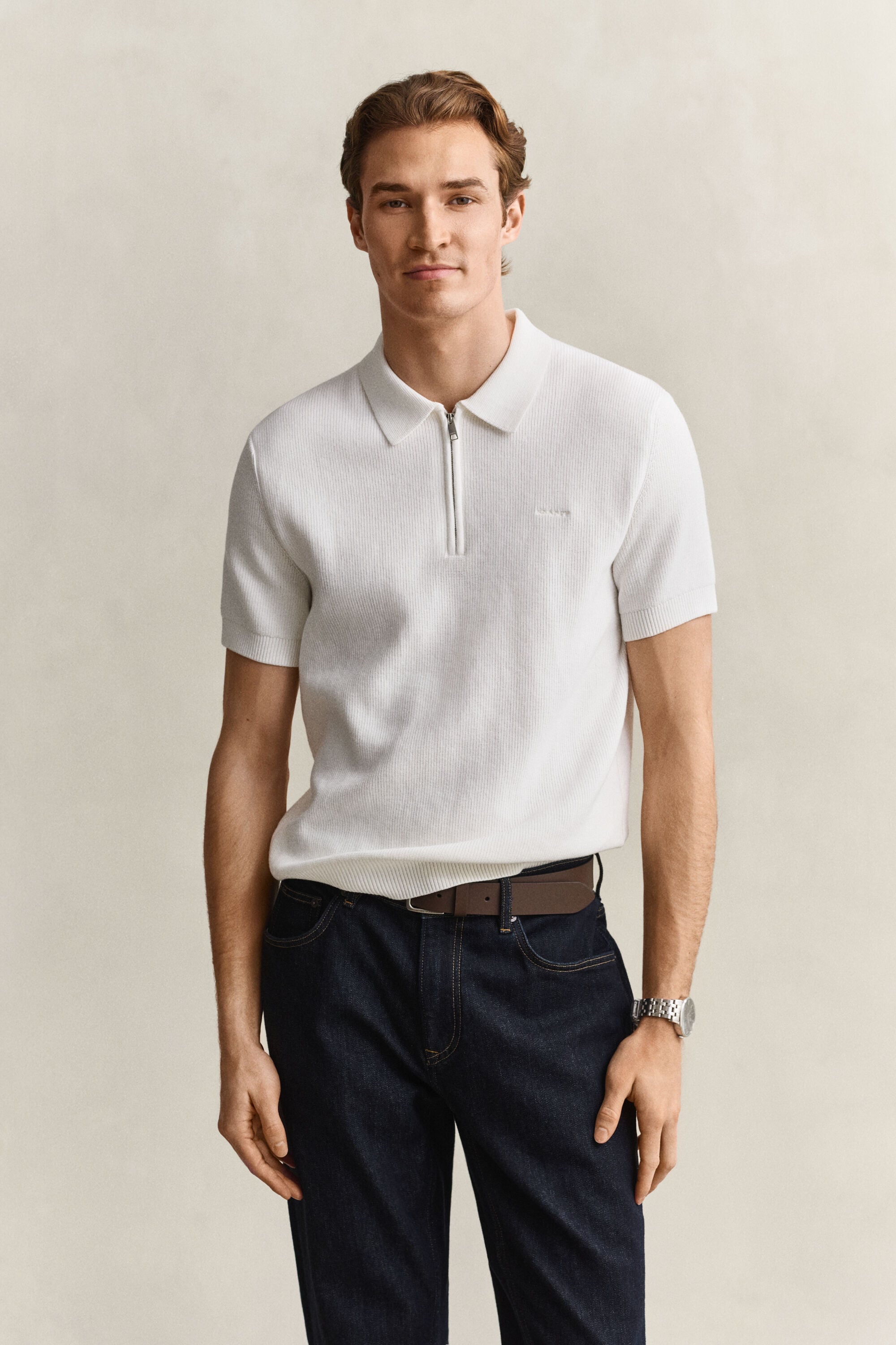 Pull façon polo en coton côtelé