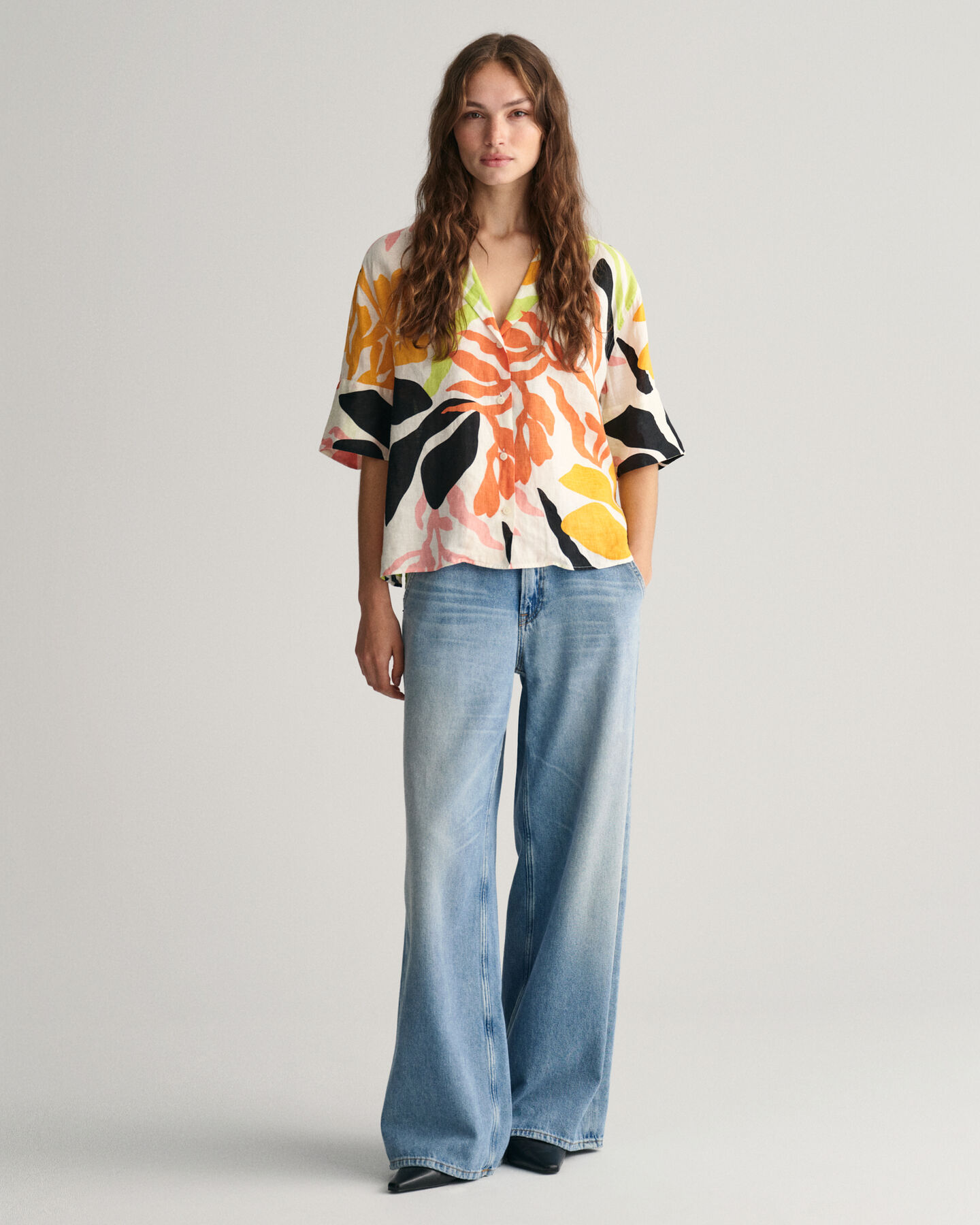 Chemise relaxed fit en lin &agrave; manches courtes Palm Print