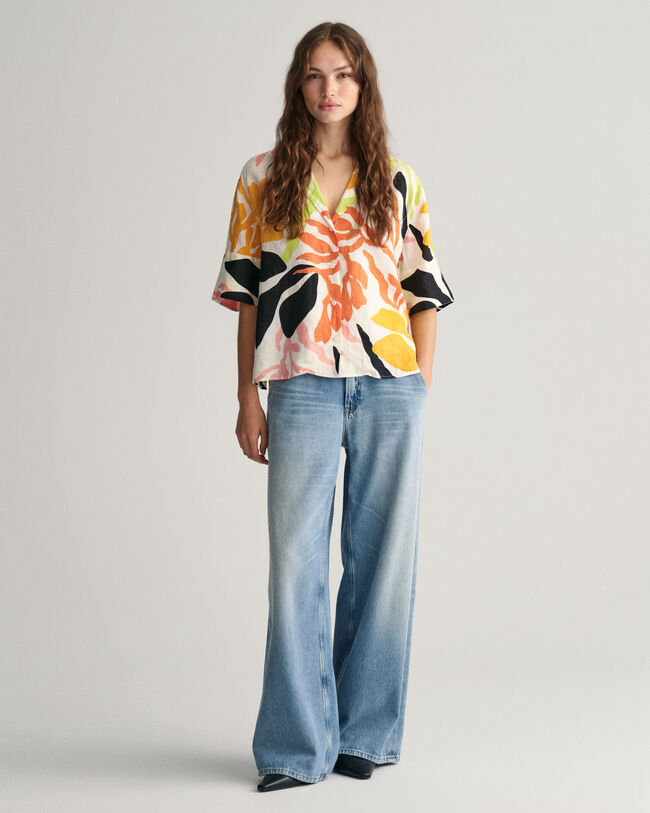 Chemise relaxed fit en lin &agrave; manches courtes Palm Print