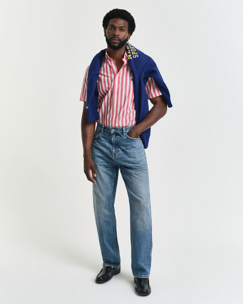 Chemise coupe regular classique en popeline ray&eacute;e &agrave; manches courtes