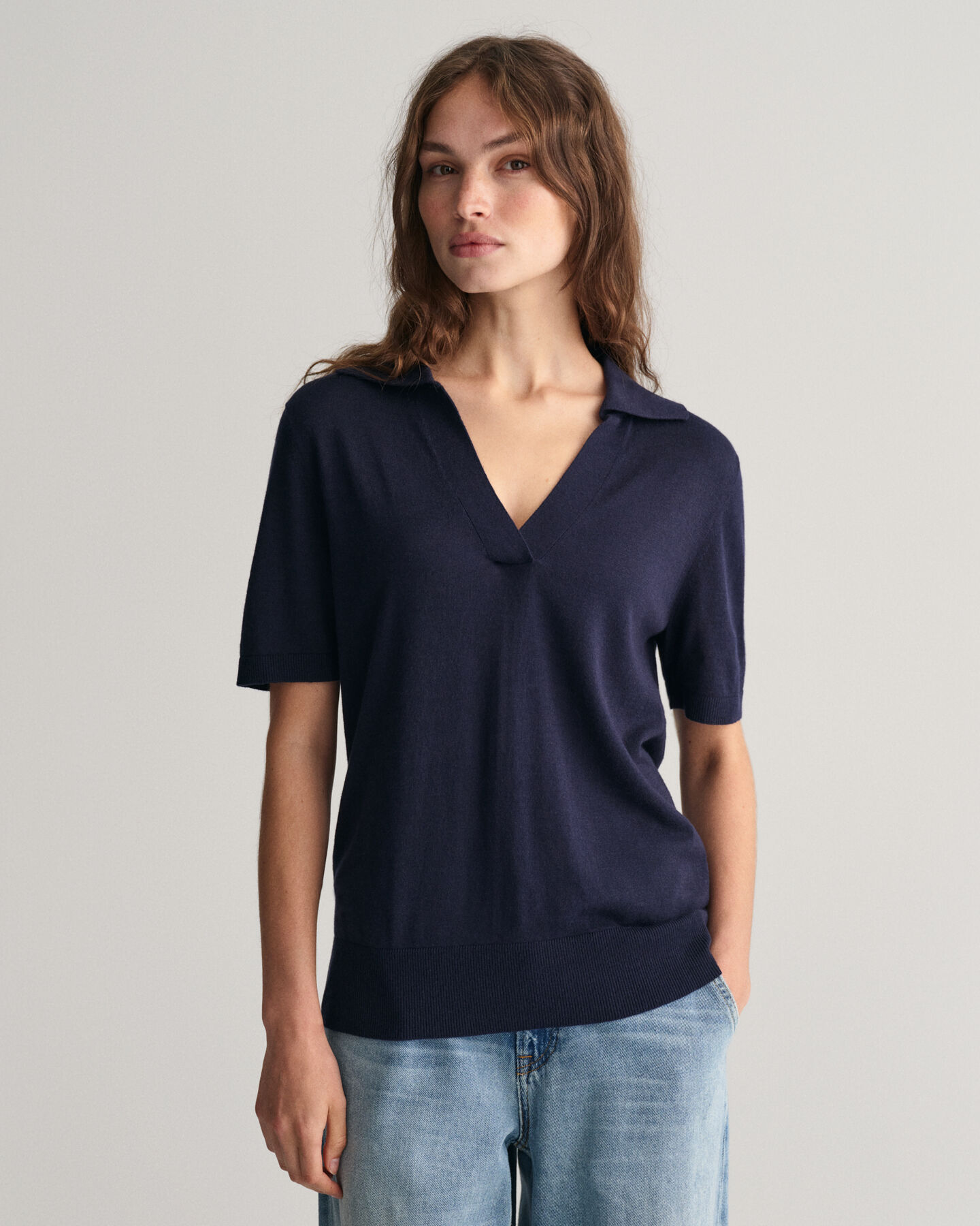 Rugger en maille fine &agrave; manches courtes