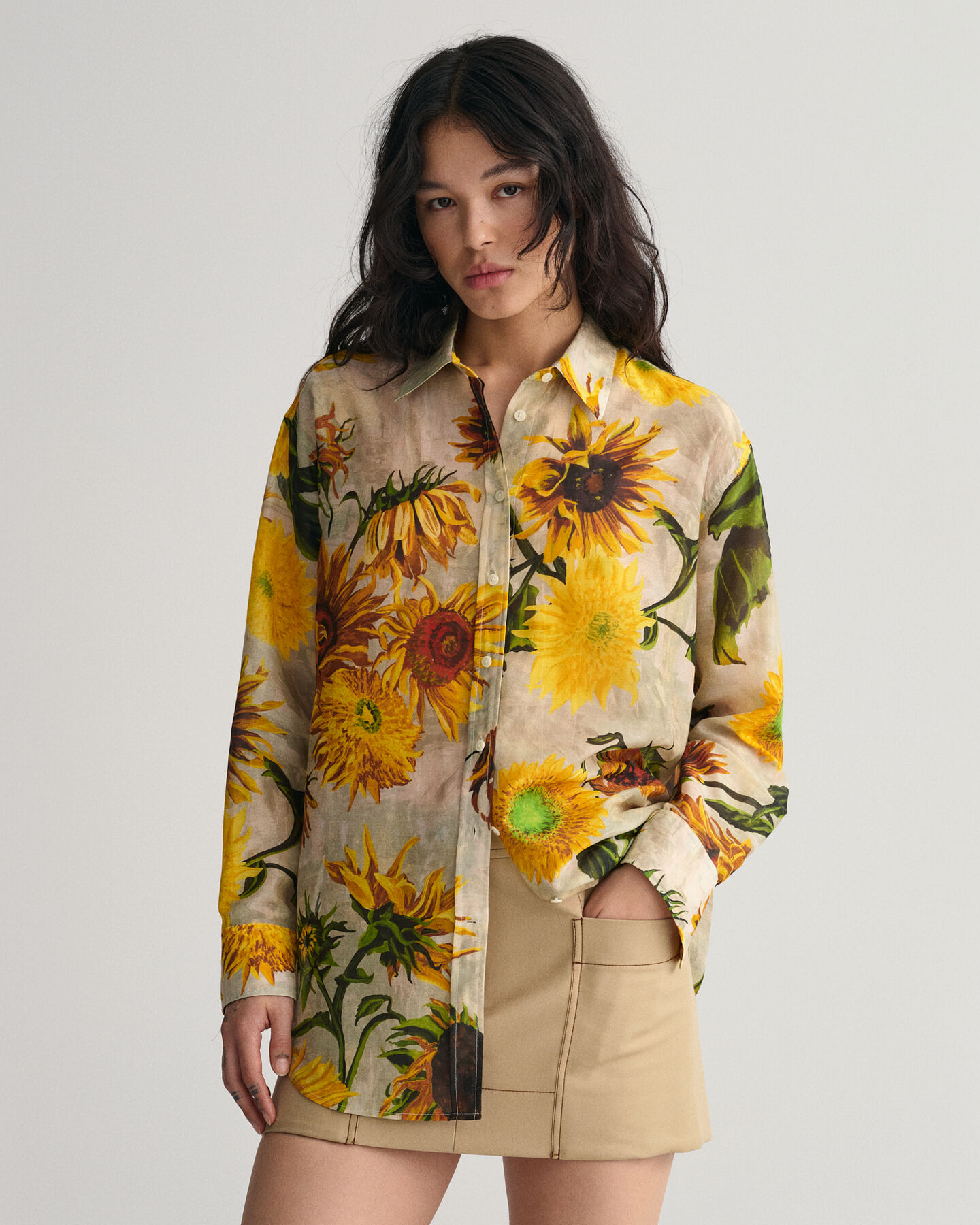 Chemise relaxed fit en coton et soie à imprimé tournesols