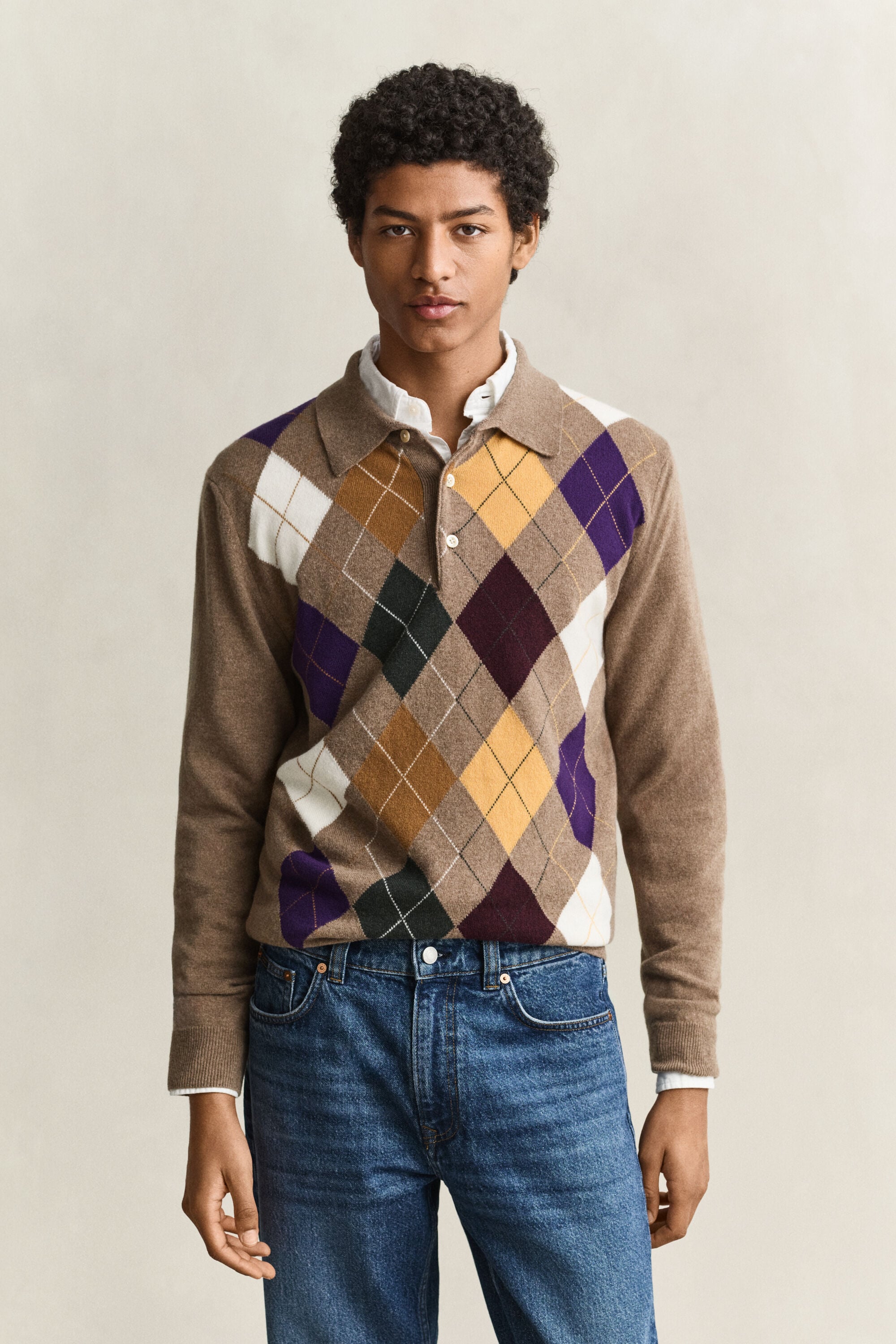 Pull argyle façon polo en laine d’agneau ultrafine