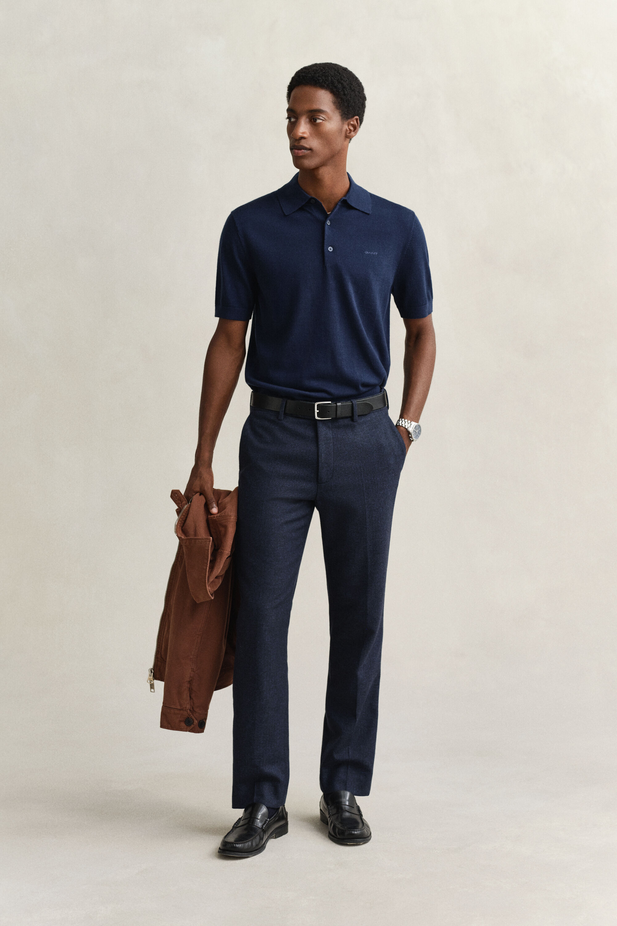 Pull façon polo en laine mérinos extrafine à manches courtes