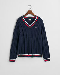 Pull col V en maille torsad&eacute;e &agrave; rayures Teens