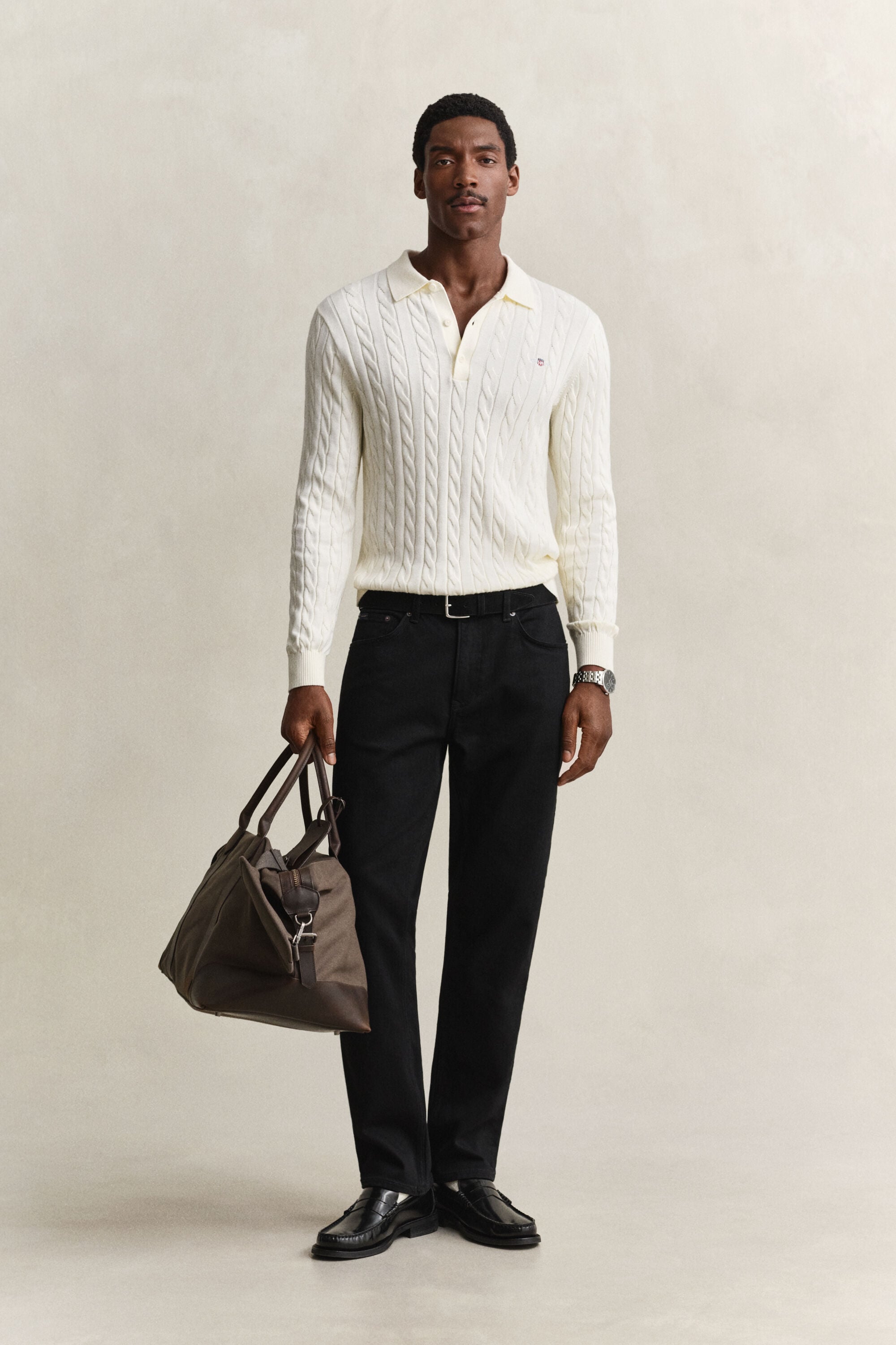 Pull façon polo en maille de coton à torsades