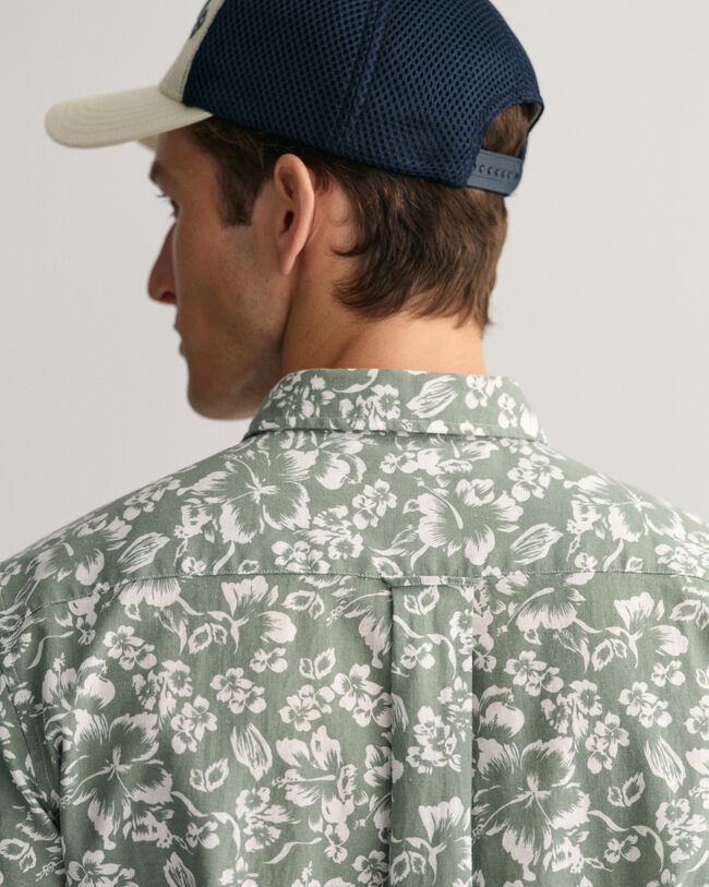 Chemise regular fit en coton et lin &agrave; imprim&eacute; floral et manches courtes