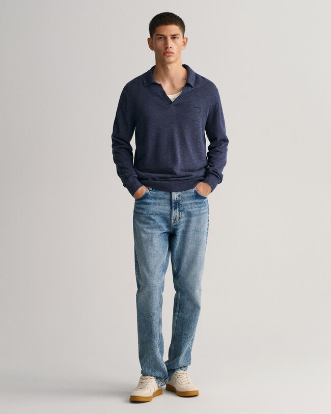 Pull façon polo en coton et lin