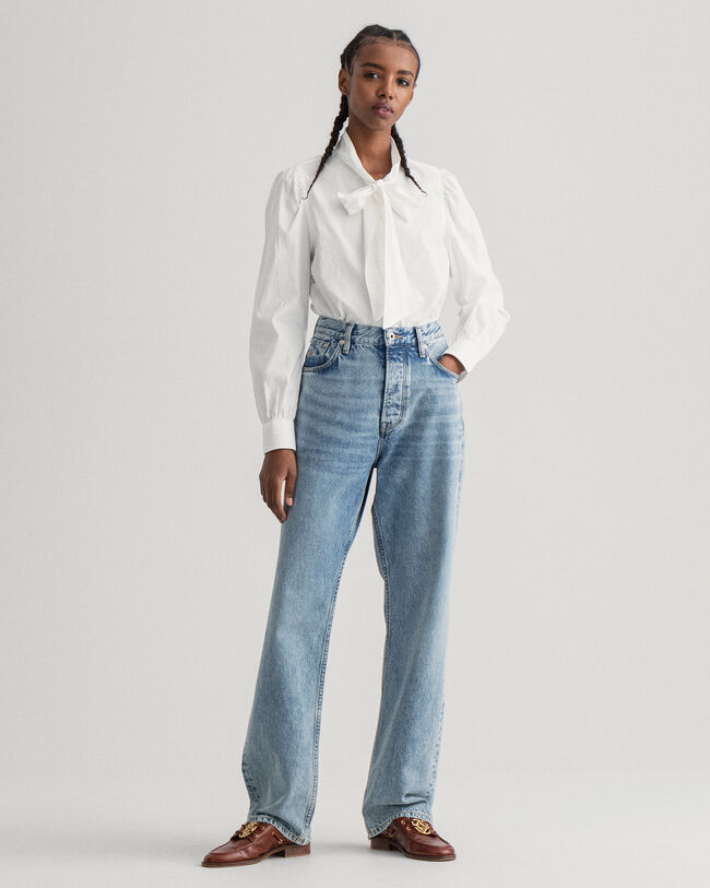 Chemise en coton Oxford à manches bouffantes et nœud lavallière