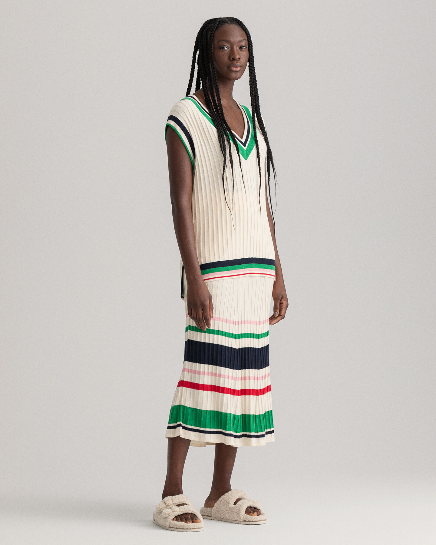 Jupe en maille c&ocirc;tel&eacute;e &agrave; rayures