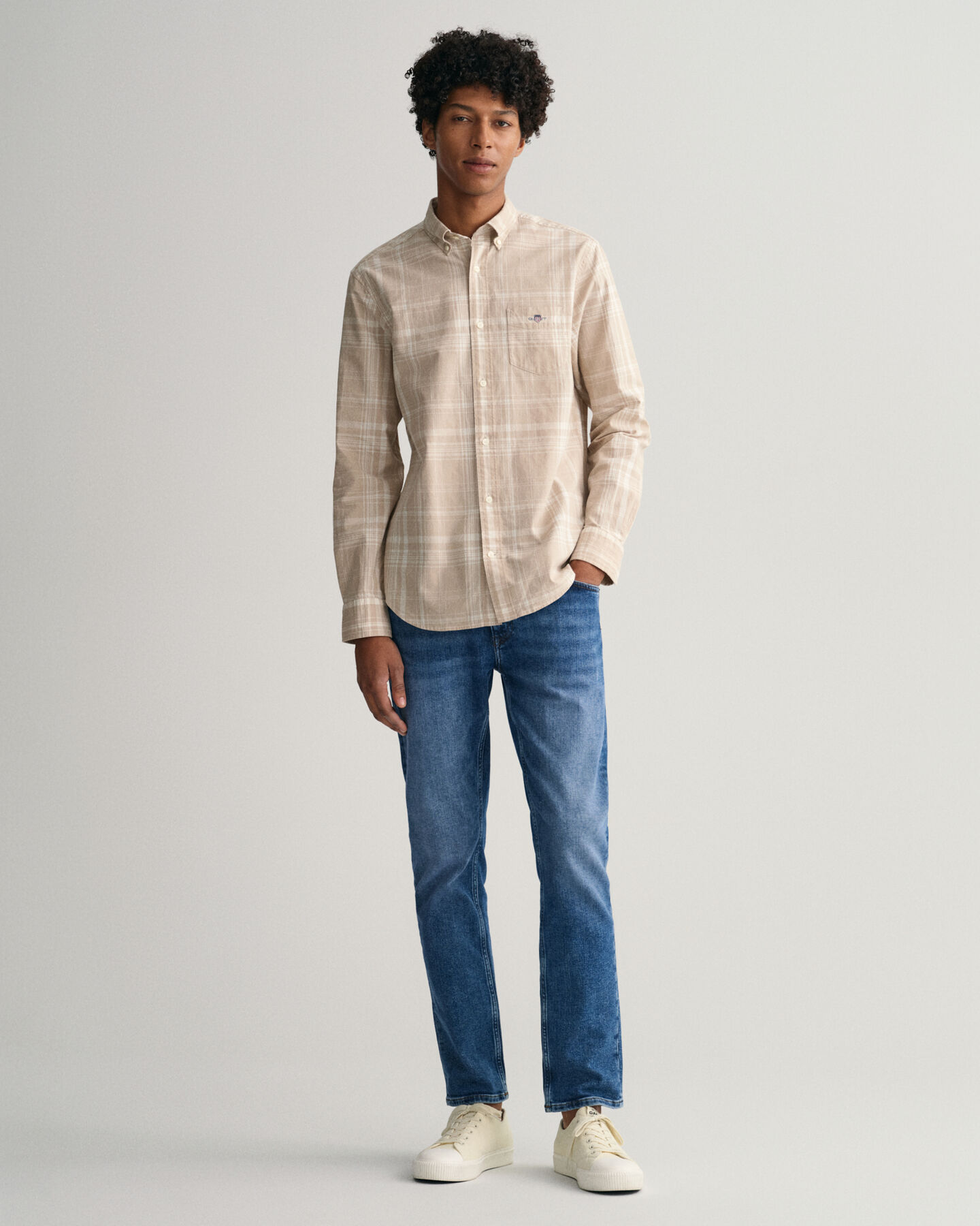 Chemise regular fit en coton et lin à carreaux