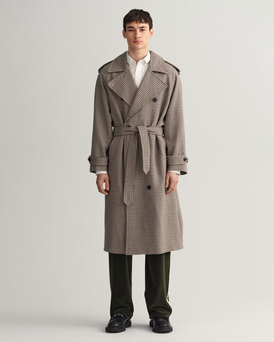 Trench-coat en laine à motif pied-de-poule