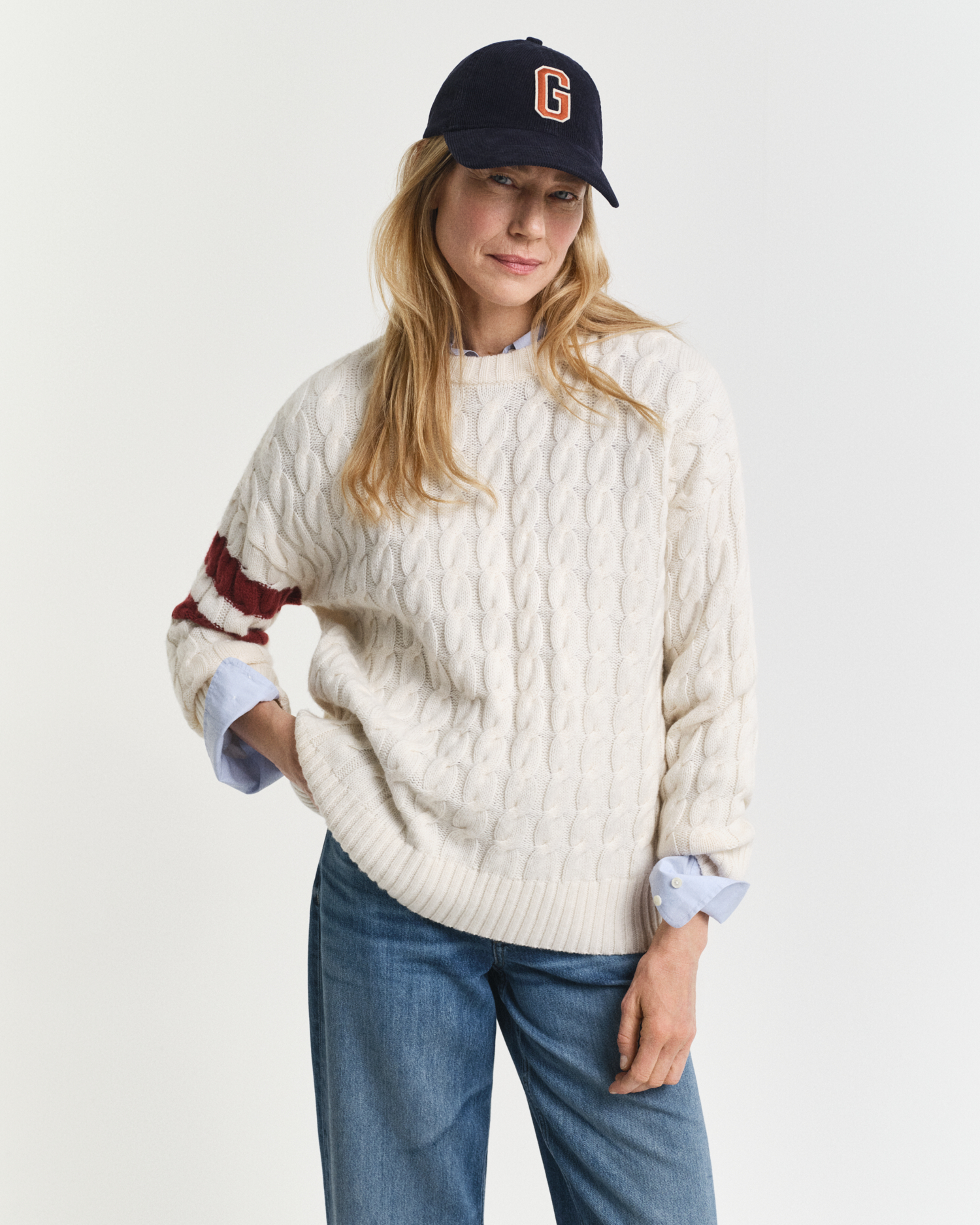 Pull col rond en maille torsadée à rayures contrastantes - GANT